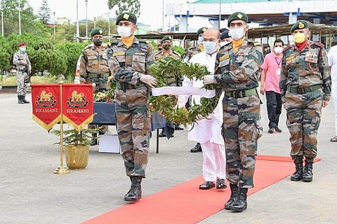 Manipur CM Biren Singh paying tributes to the martyrs at the Bir Tikendrajit International Airport in Imphal. (Photo | EPS)