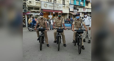Police officers with their new bicycles in the Old City area on Thursday. (Photo | Express)