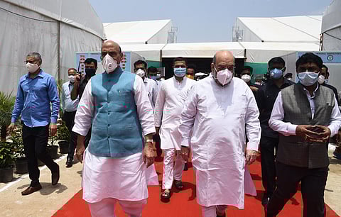 Defence Minister Rajnath Singh Home Minister Amit Shah and others visit a COVID-19 care facility arranged by DRDO near IGI airport in New Delhi on Sunday July 5 2020. (Photo | Parveen Negi/EPS)