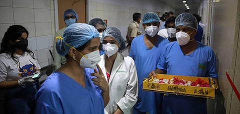 Medics outside a COVID-19 lab of the Rajiv Gandhi Super Specialty Hospital in New Delhi. (Photo | Shekhar Yadav, EPS)