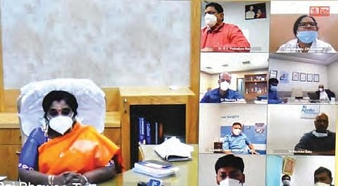 Telangana Governor Tamilisai Soundararajan during a video conference with the private hospitals involved in Covid-19 treatment at Raj Bhavan on Tuesday