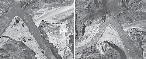 Combo satellite images of the Galwan Valley along the Line of Actual Control in Ladakh shows Monday’s Chinese pullback. (Photo | AP)