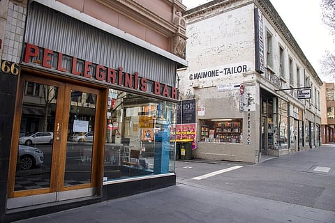 Pellegrinis Cafe and The Paperback book store are closed during lockdown due to the continuing spread of the coronavirus in Melbourne, Thursday, Aug. 6, 2020. (Photo | AP)