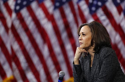  Vice President Kamala Harris arrives to speak during a campaign rally.