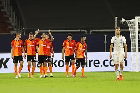 Shakhtar's Alan Patrick, third left, celebrates after scores his side's third goal during the Europa League quarter finals soccer match between FC Shakhtar Donetsk and FC Basel. (Photo | AP)