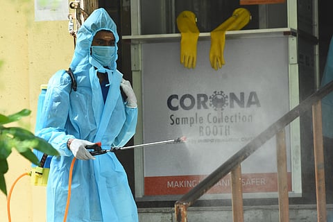 Disinfectants been sprayed at a covid care center. (Photo | Ashwin Prasath, EPS)