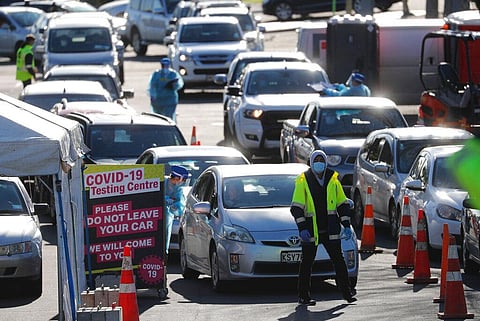 Cars queue at a COVID-19 test centre in Auckland, New Zealand, Thursday, Aug. 13, 2020. (Photo | AP)