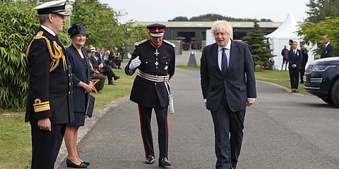 UK PM Boris Johnson arrives to attend a service marking the 75th anniversary of VJ Day in Alrewas. (Photo| AP)