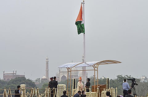 Prime Minister Narendra Modi unfurls the Tricolour at historic Red Fort on the occasion of the 74th Independence Day in New Delhi. (Photo | PTI)