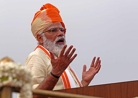 Prime Minister Narendra Modi addresses the nation during the 74th Independence Day celebrations at Red Fort in New Delhi Saturday Aug 15 2020. (Photo / Special Arrangement)