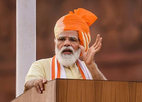 Prime Minister Narendra Modi addresses the nation from ramparts of the Red Fort on the occasion of 74th Independence Day in New Delhi Saturday Aug 15 2020. (Photo | PTI)