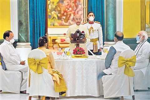 PM Narendra Modi, Vice President Venkaiah Naidu and LS Speaker Om Birla attend the ‘At Home’ hosted by President Ram Nath Kovind;