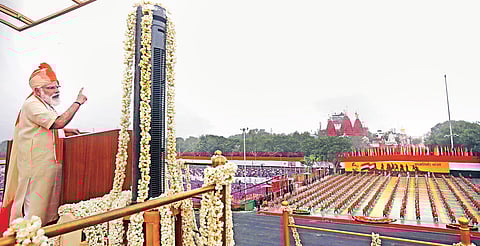 Prime Minister Narendra Modi addresses the nation from the ramparts of the Red Fort on the occasion of the 74th Independence Day on Saturday | DPR