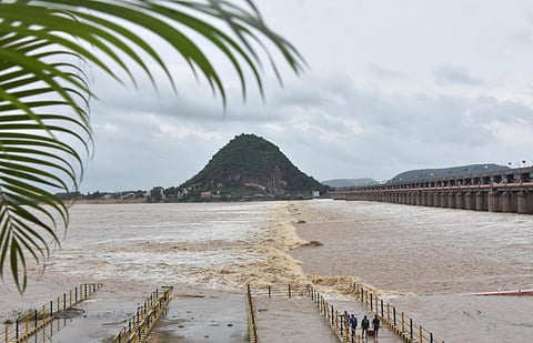 Flood water released from the Prakasam barrage in Vijayawada. (Photo | P Ravindra Babu, EPS)
