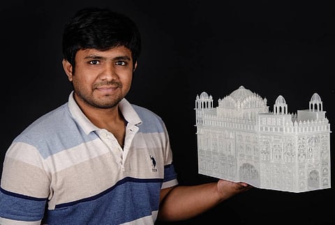 Sreenivasulu with the Golden Temple pen-refill replica. (PHOTO | EPS)