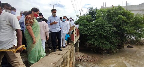 Municipal Administration and Urban Development Minister K T Rama Rao and Health Minister conducting survey at flood-hit areas. (Express Photos)