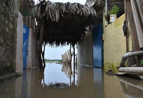 Houses which lie in the low lying areas of Rani Gari Thota were inundated due to excess flood water. (Photo | EPS)