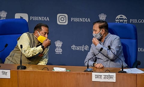 Union Ministers Prakash Javadekar (R) and Jitendra Singh during a press conference at National Media Centre in New Delhi Wednesday Aug. 19 2020. (Photo | PTI)