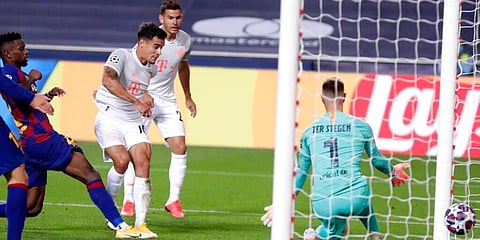 Philippe Coutinho scores Bayern's eight goal during the Champions League quarterfinal match against Barcelona. (Photo | AP)
