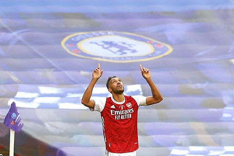 Arsenal's Pierre-Emerick Aubameyang celebrates after scoring his side's second goal during the FA Cup final soccer match between Arsenal and Chelsea at Wembley stadium in London. (Photo | AP)
