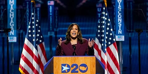 Democratic vice presidential candidate Sen. Kamala Harris speaks during the third day of the Democratic National Convention. (Photo | AP)