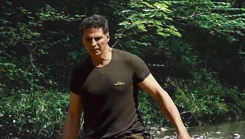 Actor Akshay Kumar in a still from 'Into Wild With Bear Grylls' (Photo |Twitter video grab)