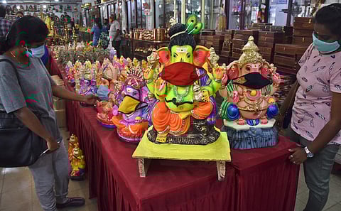 Ahead of Ganesh Chathurthi, Vinayagar idols displayed for customers in Coimbatore. (Photo| EPS/ U Rakesh Kumar)