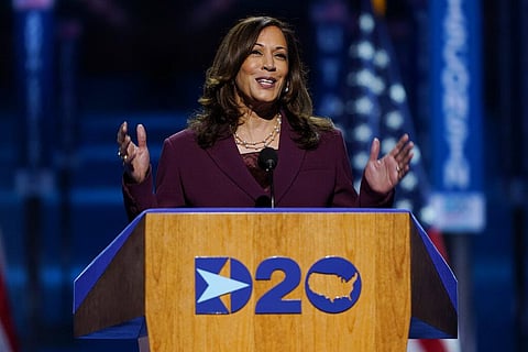 Democratic vice presidential candidate Sen. Kamala Harris, D-Calif., speaks during the third day of the Democratic National Convention. (Photo | AP)