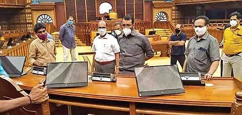 Ahead o f Monday’s s ession, S peaker P S reeramakrishnan super vises the s eating arrangements inside the a ssembly | EXPRESS