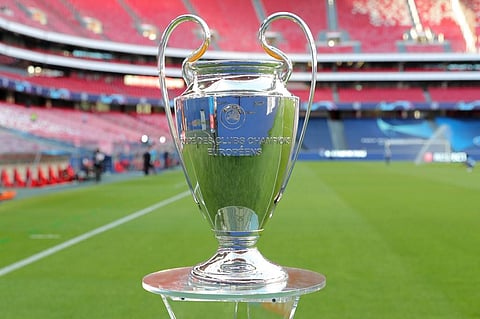The trophy is on display prior to the UEFA Champions League final football match between Paris Saint-Germain and Bayern Munich at the Luz stadium in Lisbon. (Photo | AFP)