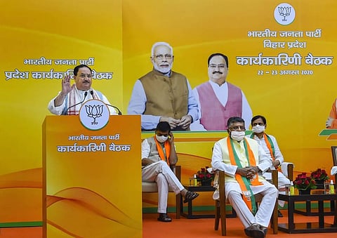 BJP National President JP Nadda addresses virtual Bihar BJP Karyasamiti meeting in New Delhi Sunday Aug 23 2020.  (Photo | PTI)