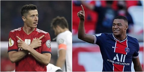 Bayern Munich's Robert Lewandowski (L) and PSG's Kylian Mbappe. (File Photos | Agencies)