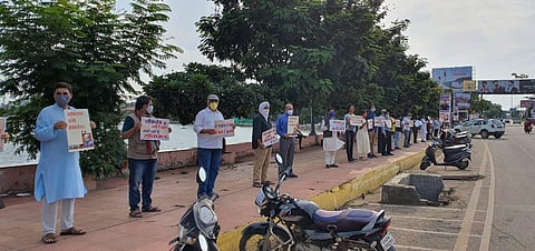Civil society members staging silent demonstration in support of senior advocate Prashant Bhushan (Photo | EPS)