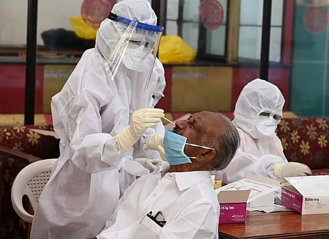 Covid -19 test being done on Congress MLA K C Joseph at the Legislative Assembly in Thiruvananthapuram on Monday. (Photo | Vincent Pulickal, EPS)