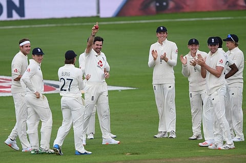 England's James Anderson celebrates after taking the wicket of Pakistan's Azhar Ali, his 600th Test match wicket. (Photo | AFP)