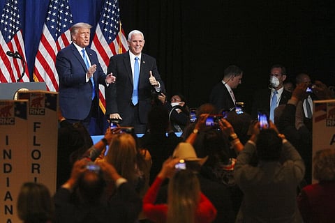 President Donald Trump and Vice President Mike Pence give a thumbs up after speaking during the first day of the Republican National Convention Monday, Aug. 24, 2020, in Charlotte, N.C. (Photo | AP)