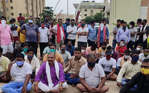 The lawmaker was seen not wearing a mask during the protest while his supporters blatantly violated the Covid guidelines at such a sensitive place. (Photo | Express)