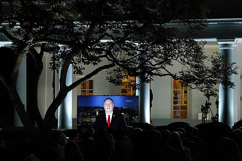 A video of Secretary of State Mike Pompeo speaking during the Republican National Convention plays from the Rose Garden of the White House, Tuesday, Aug. 25, 2020, in Washington. (Photo | AP)
