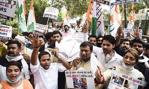 India Youth Congress (IYC) activists protest in demand to postpone NEET and JEE entrance exam in view of COVID-19 pandemic at Education Ministry in New Delhi. (Photo | Parveen Negi/EPS)