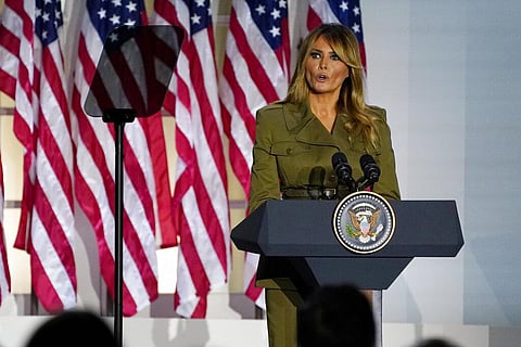 First lady Melania Trump speaks on the second night of the Republican National Convention from the Rose Garden of the White House on Tuesday. (Photo | AP)