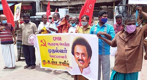 DMK chief Stalin's poster seen at a CPM rally. (Photo| EPS)