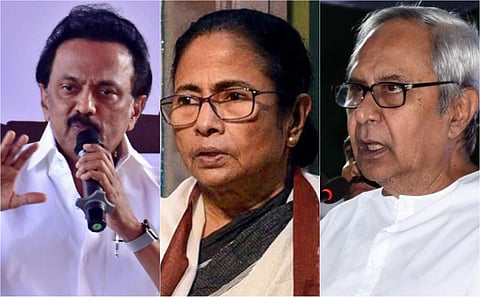 Tamil Nadu CM MK Stalin (L), West Bengal CM Mamata Banerjee (Centre), Odisha CM Naveen Patnaik (R)