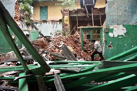 Roof of Anglo Vernacular School collapses due to incessant rain in Hyderabad. (Photo| S Senbagapandiyan)