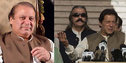 In an interview with ARY News on Thursday, Khan said it was a 'mistake' on his part to allow Sharif to leave Pakistan. (Photos | PTI, AP)