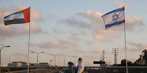 United Arab Emirates and Israeli flags at the Peace Bridge in Netanya, Israel. (Photo | AP)