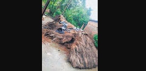 A thatched house damaged due to flood in Tirtol block (Photo | EPS)