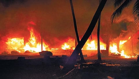 Police said that 26 fishing boats, eight houses, 10 two-wheelers, two cars and several fishing nets were set on fire allegedly by the supporters of Mathivanan.  | Express