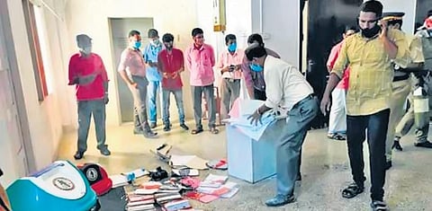 Files scattered around after fire broke out at the Secretariat building housing the General Administration Department and the protocol section | File Pic