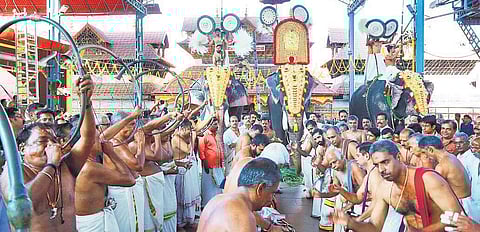 Elephant parade at Guruvayur temple as part of Ekadasi festival