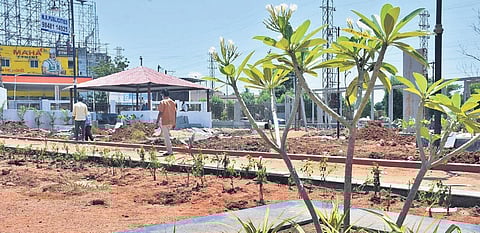 Works underway at one of the two theme parks being built in Karimnagar on Sunday.